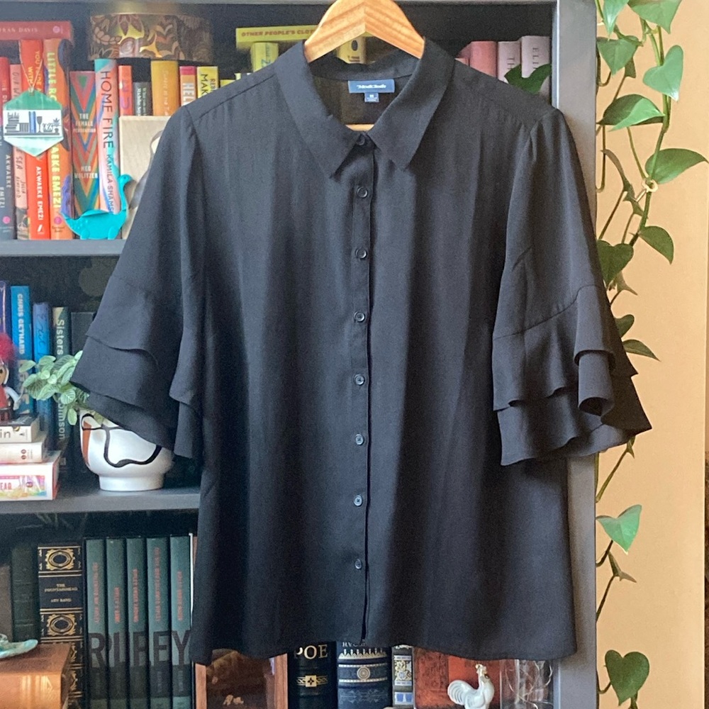 Black Button-Up Blouse with Ruffle Sleeves